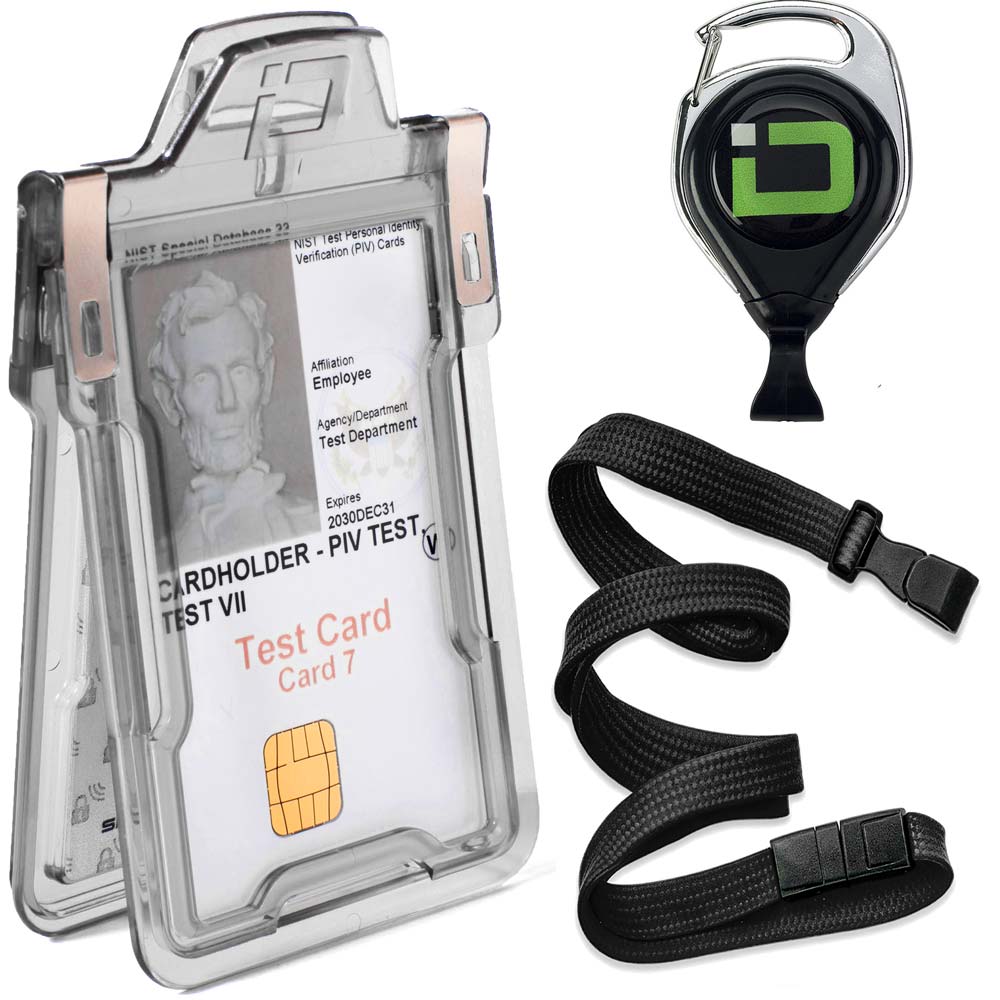 Secure Badge Holder Classic, Vertical 1 ID Card Holder, Retractable Reel, and Lanyard Bundle