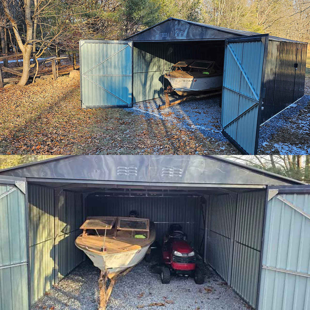 13'x20' Plus Upgraded Metal Shed w/ Double Front Doors & Side Entry Door - Veteran Powered