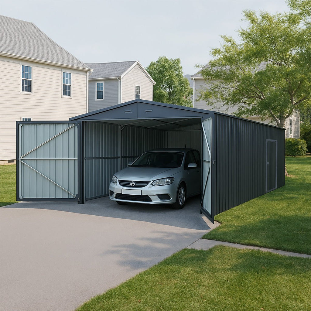13'x20' Plus Upgraded Metal Shed w/ Double Front Doors & Side Entry Door - Veteran Powered