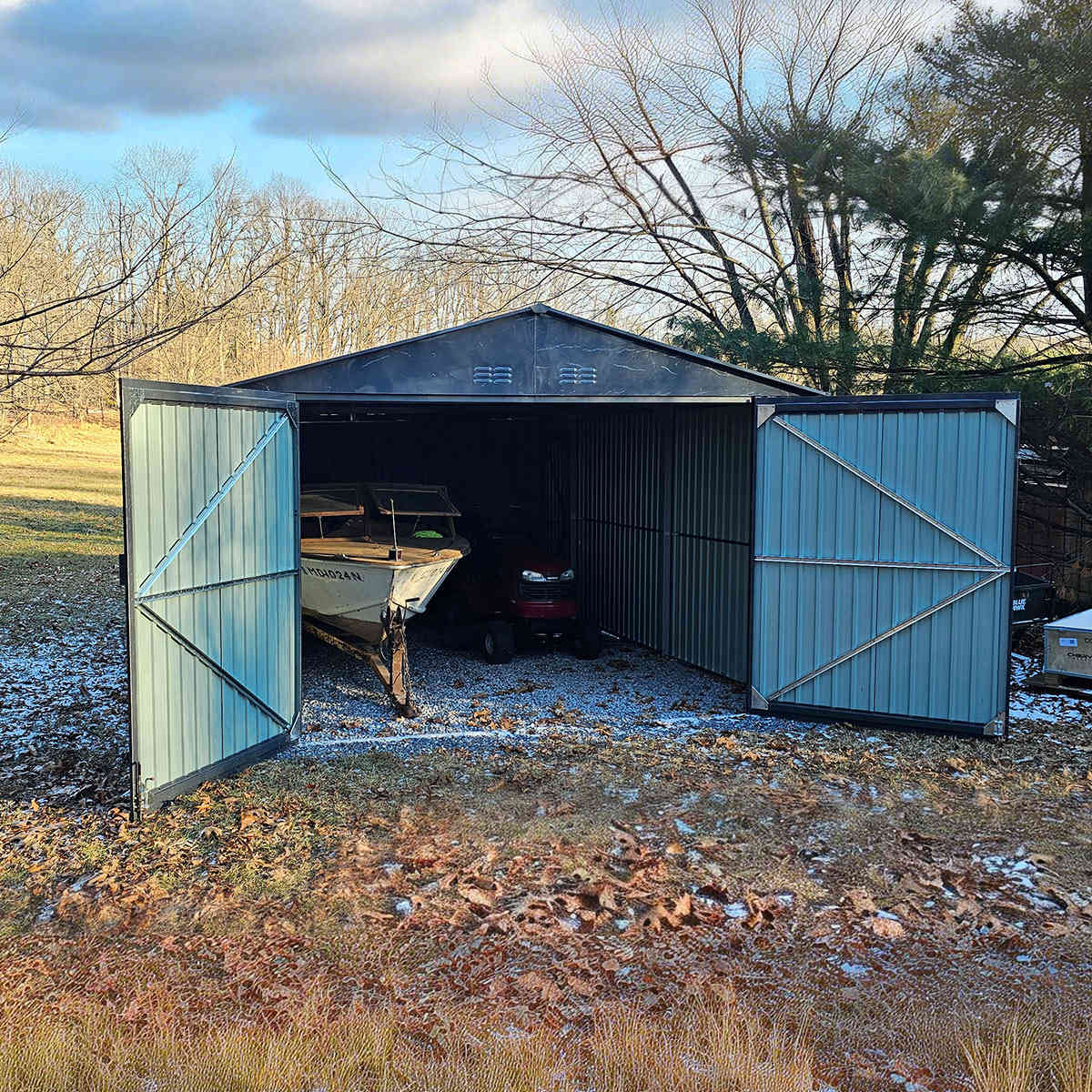 13'x20' Plus Upgraded Metal Shed w/ Double Front Doors & Side Entry Door - Veteran Powered