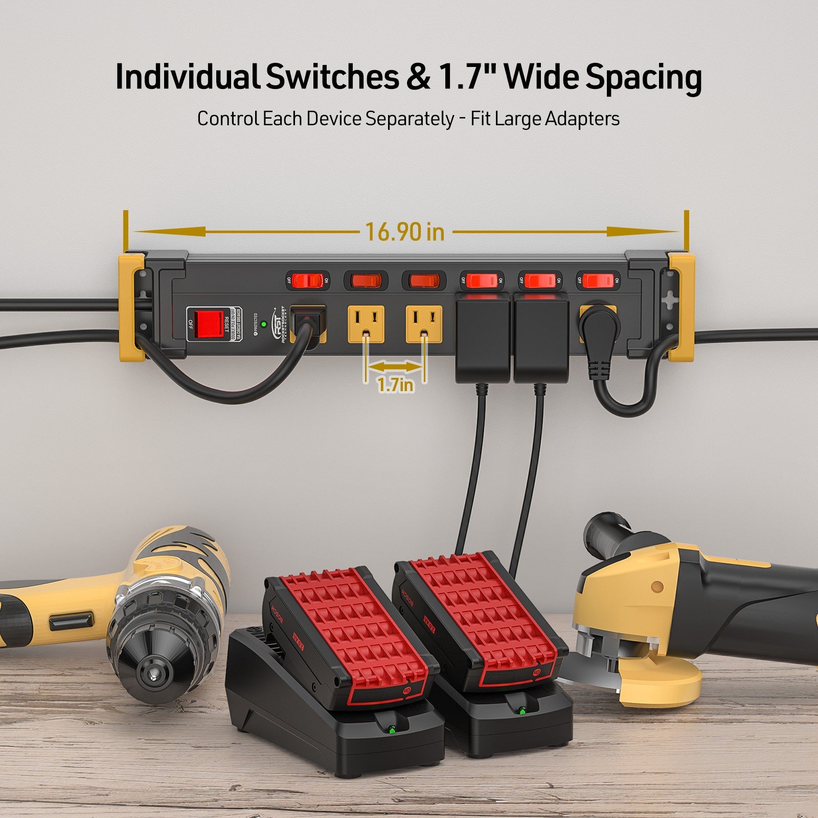 CRST 6-Outlet Metal Power Strip | 6 Individual Switches + Dual-Pole Master Switch, 1020J Surge Protector, Mountable, Cable Clips, 45° Flat Plug, SGS Certified