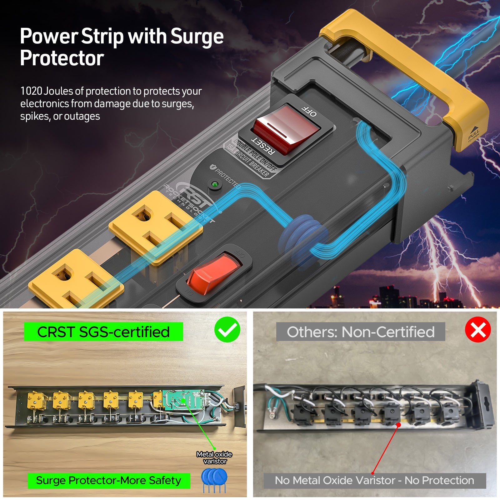 CRST 6-Outlet Metal Power Strip | 6 Individual Switches + Dual-Pole Master Switch, 1020J Surge Protector, Mountable, Cable Clips, 45° Flat Plug, SGS Certified