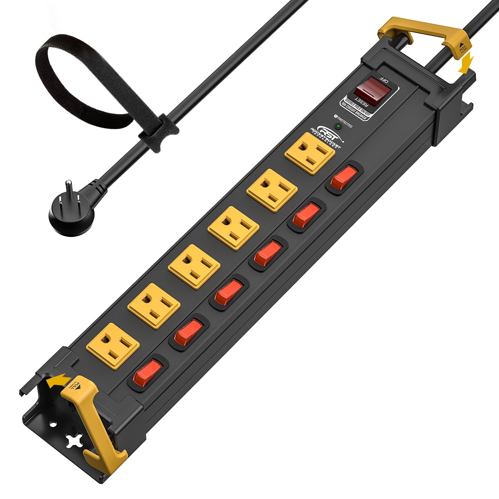 CRST 6-Outlet Metal Power Strip | 6 Individual Switches + Dual-Pole Master Switch, 1020J Surge Protector, Mountable, Cable Clips, 45° Flat Plug, SGS Certified