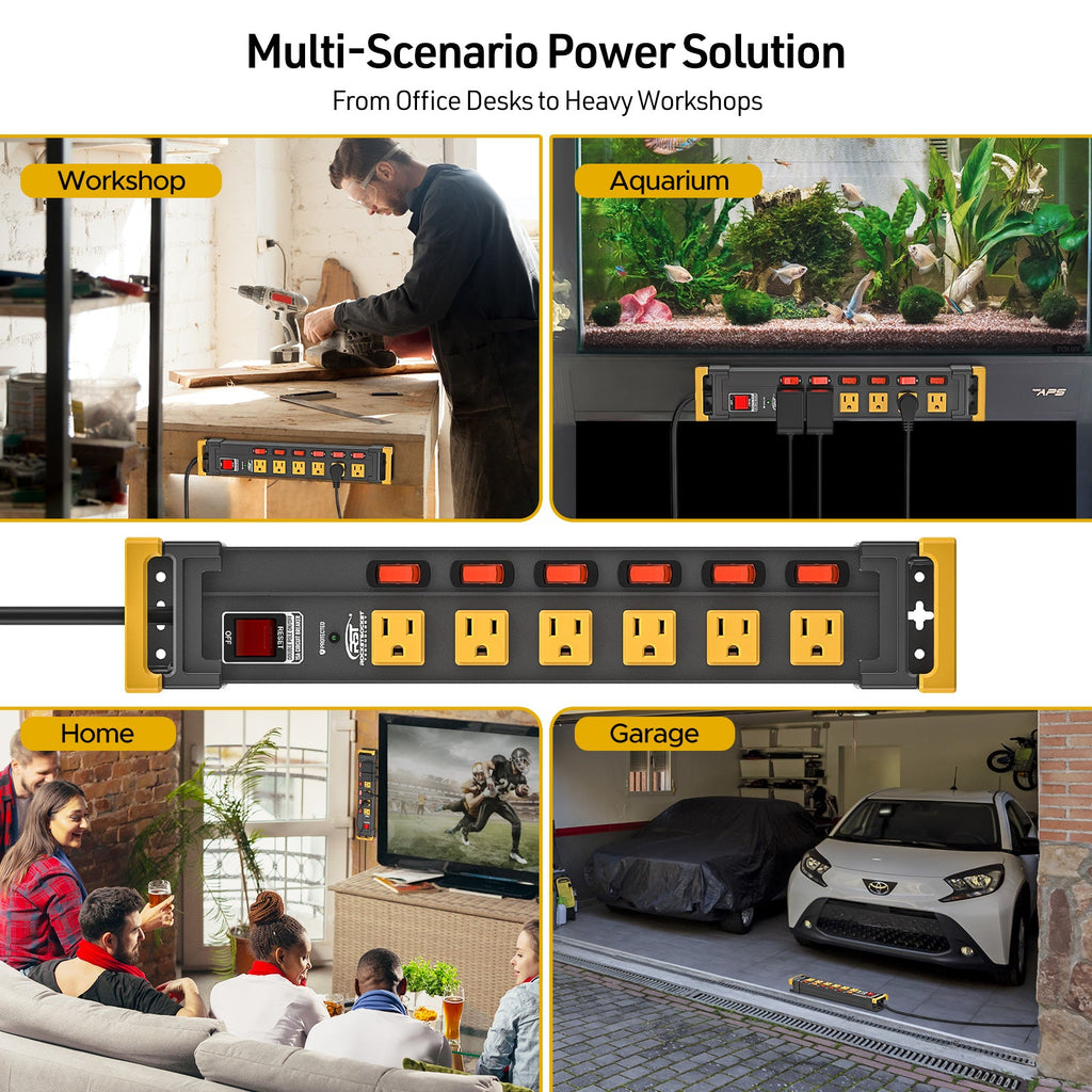 CRST 6-Outlet Metal Power Strip | 6 Individual Switches + Dual-Pole Master Switch, 1020J Surge Protector, Mountable, Cable Clips, 45° Flat Plug, SGS Certified