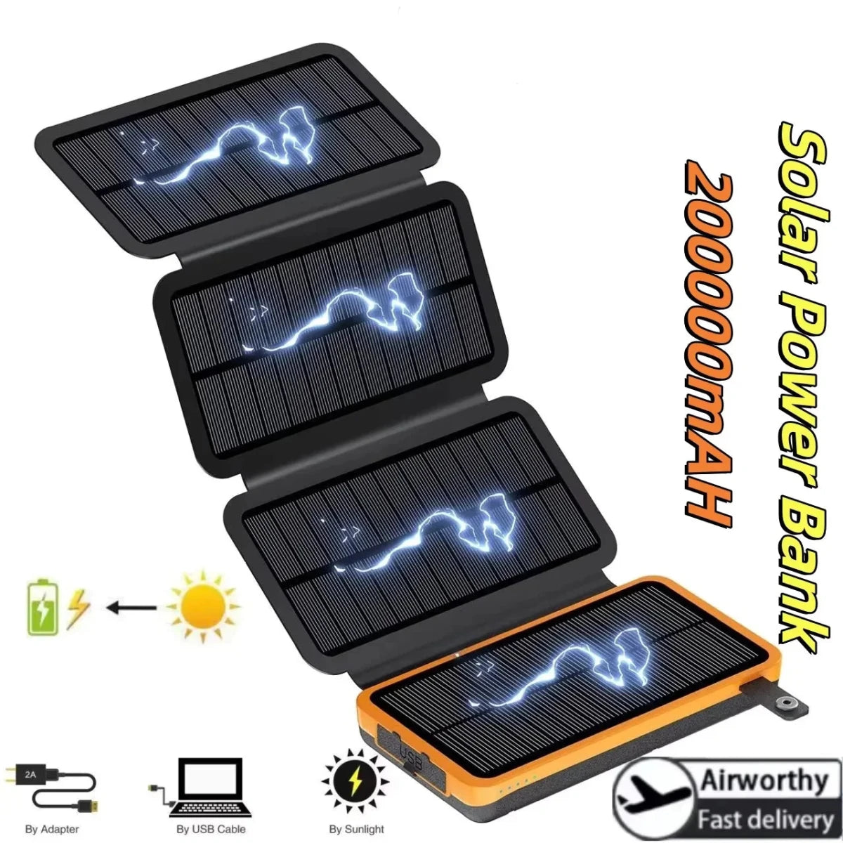 200,000mAh Solar Power Bank with Folding Solar Panels 120W Portable Charger with Built - in Cables USB - C USB - A Lightning Flashlight Digital Display for iPhone Android - Veteran Powered