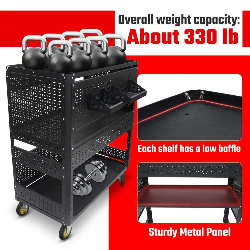 3 - Tier Adjustable Rolling Tool Cart | Garage & Workshop Organizer w/ Steel Pegboard - Veteran Powered