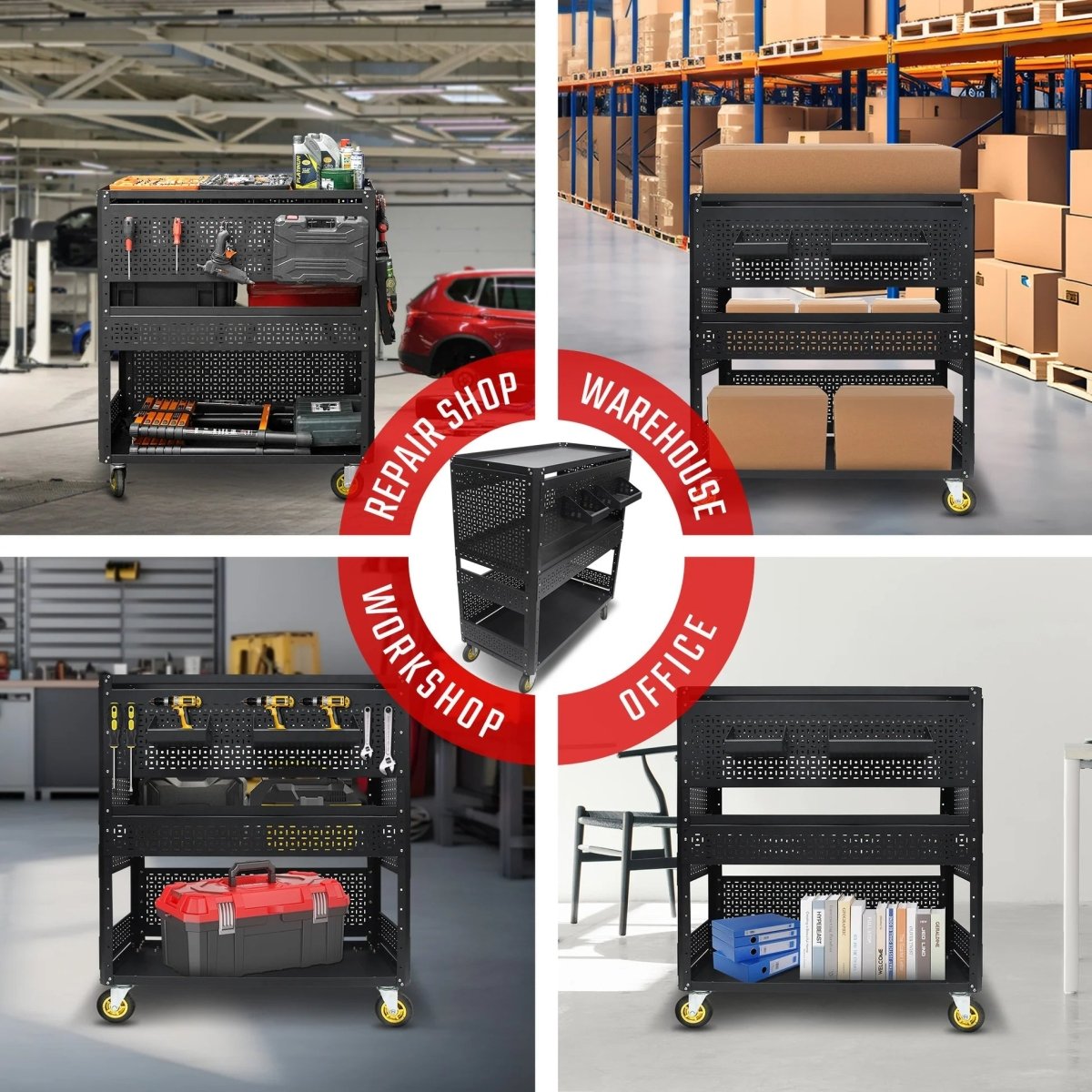 3 - Tier Adjustable Rolling Tool Cart | Garage & Workshop Organizer w/ Steel Pegboard - Veteran Powered