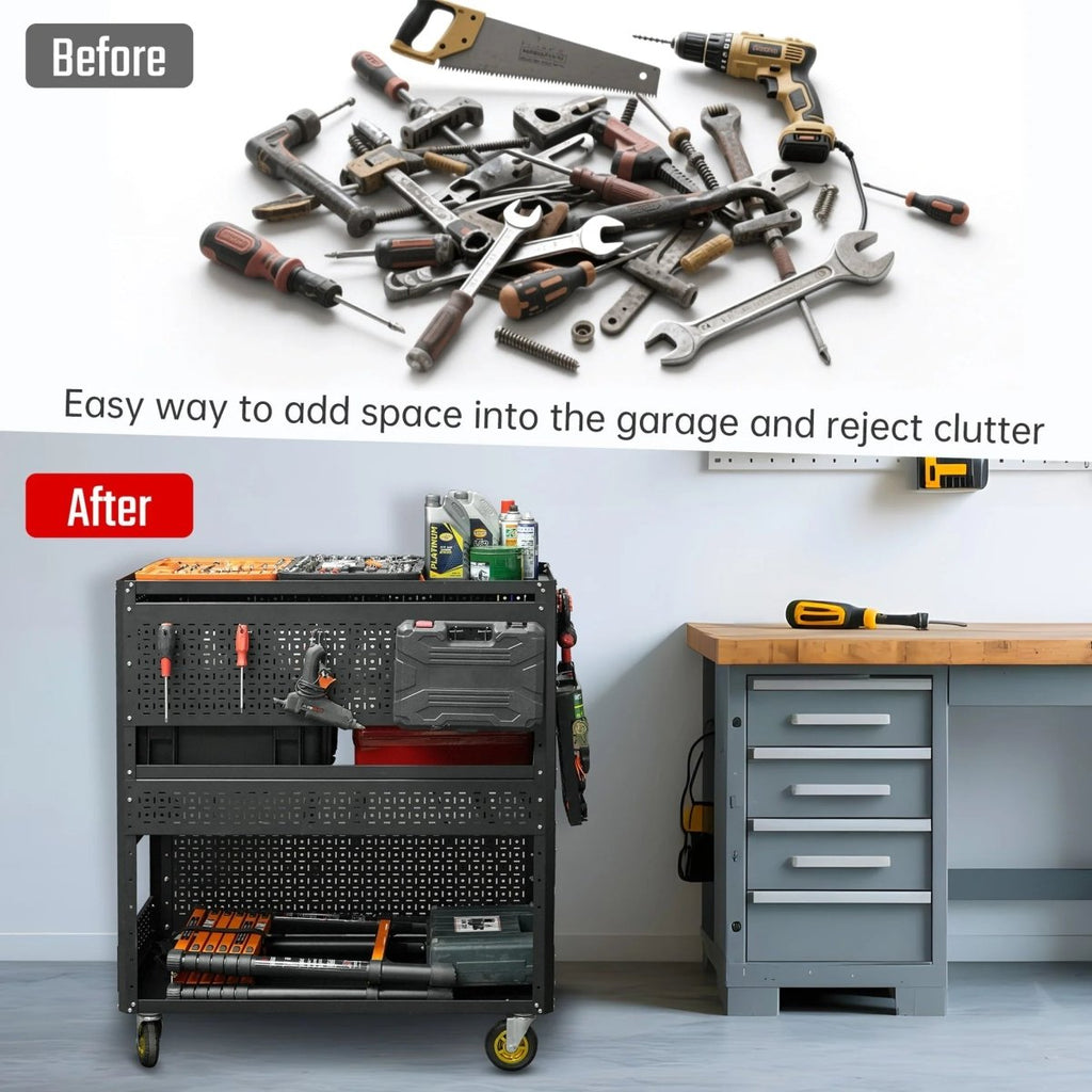 3 - Tier Adjustable Rolling Tool Cart | Garage & Workshop Organizer w/ Steel Pegboard - Veteran Powered