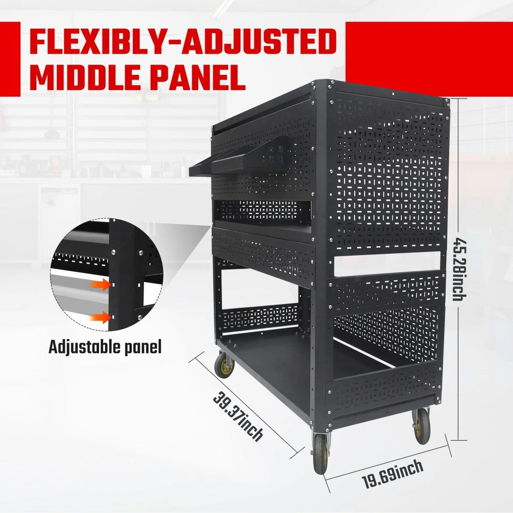 3 - Tier Adjustable Rolling Tool Cart | Garage & Workshop Organizer w/ Steel Pegboard - Veteran Powered