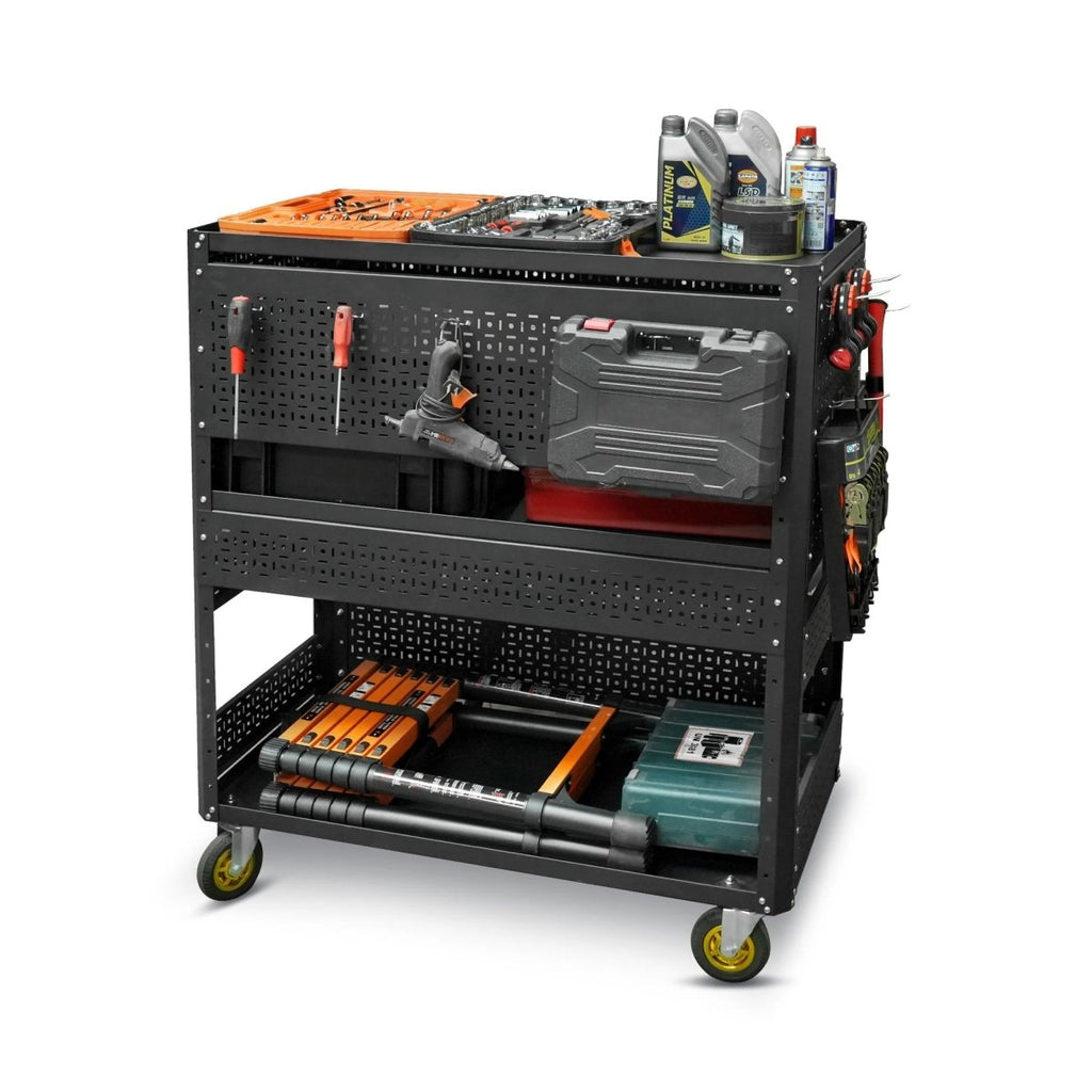 3 - Tier Adjustable Rolling Tool Cart | Garage & Workshop Organizer w/ Steel Pegboard - Veteran Powered