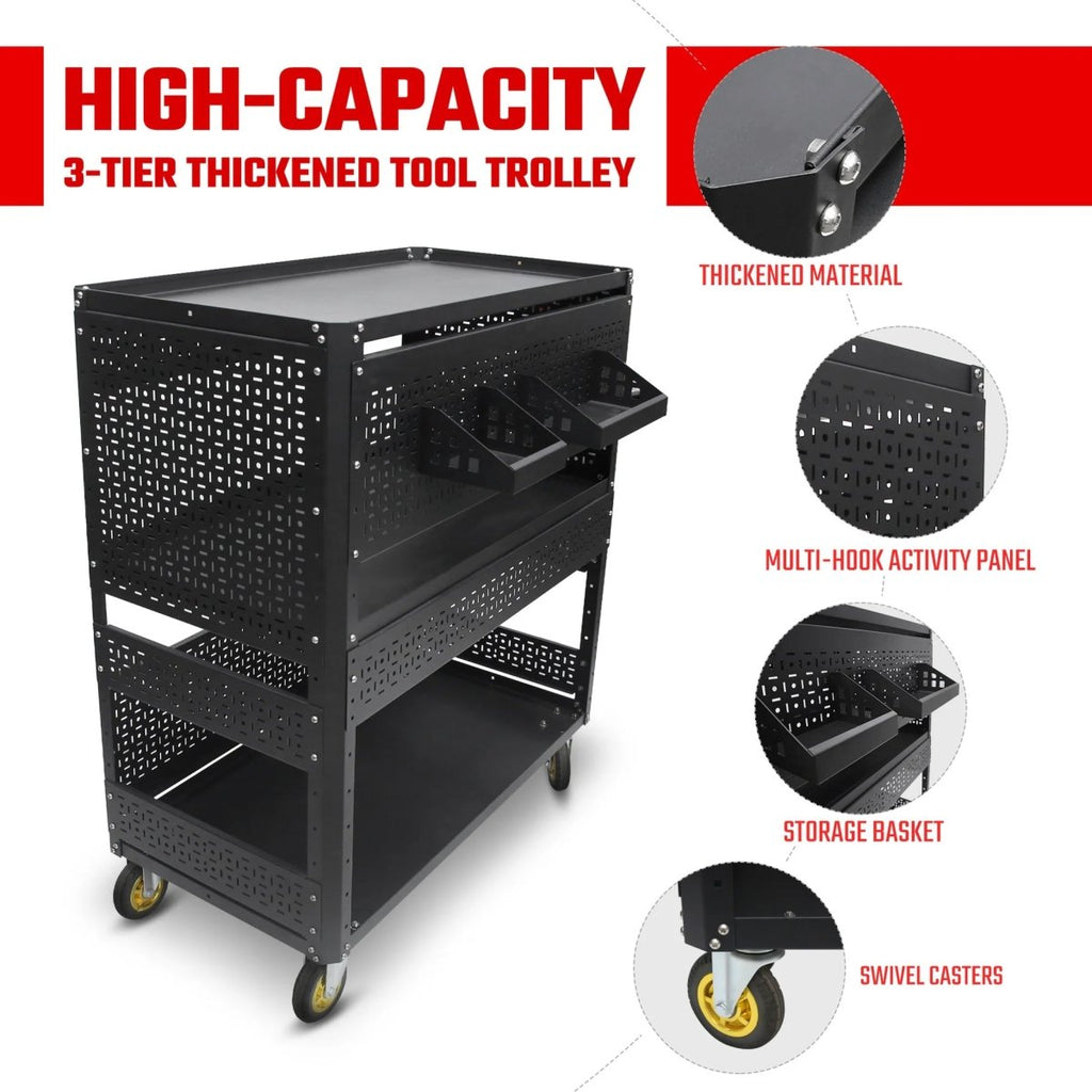 3 - Tier Adjustable Rolling Tool Cart | Garage & Workshop Organizer w/ Steel Pegboard - Veteran Powered
