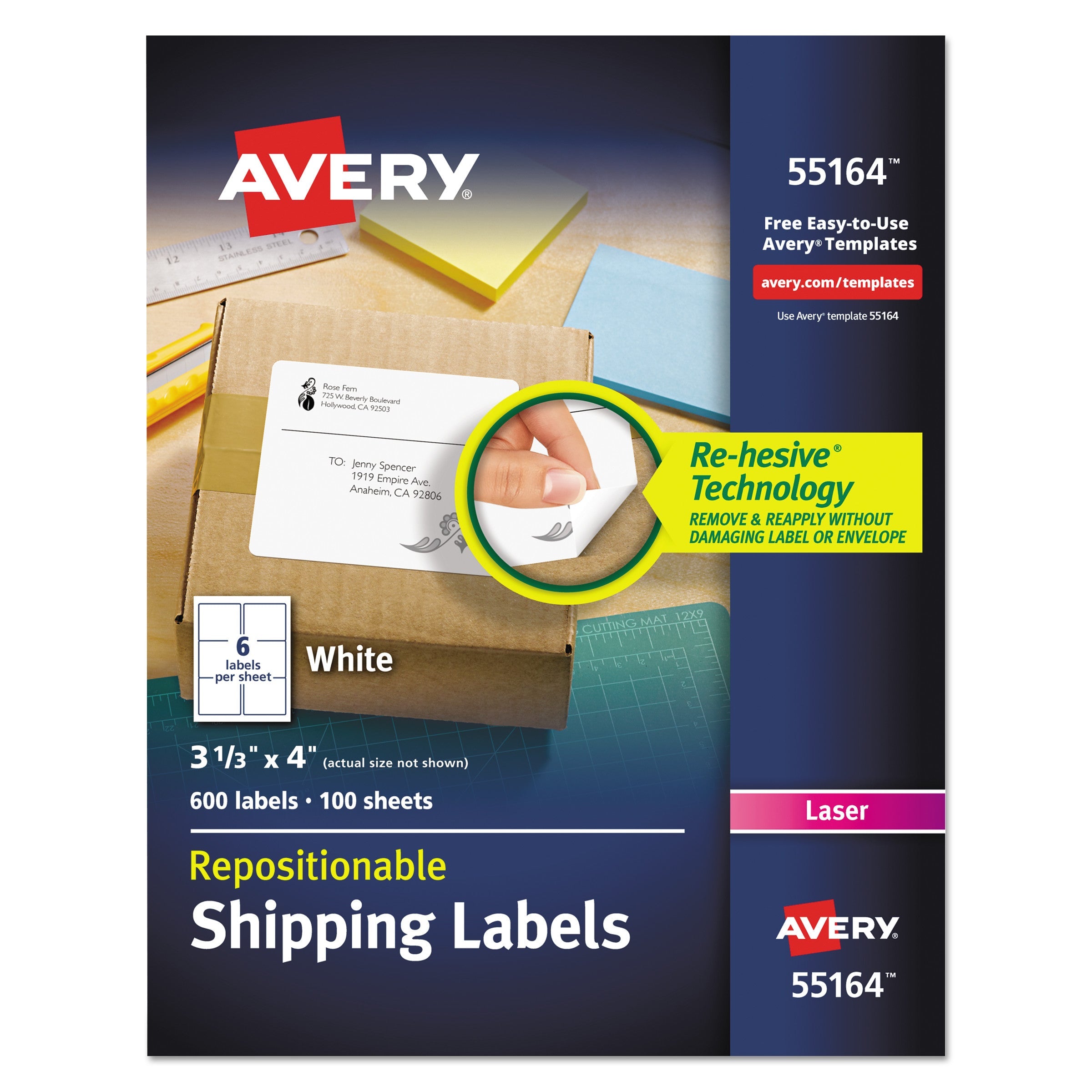 Avery Repositionable Shipping Labels w/SureFeed, Laser, 3.33 x 4, White, 600/Box