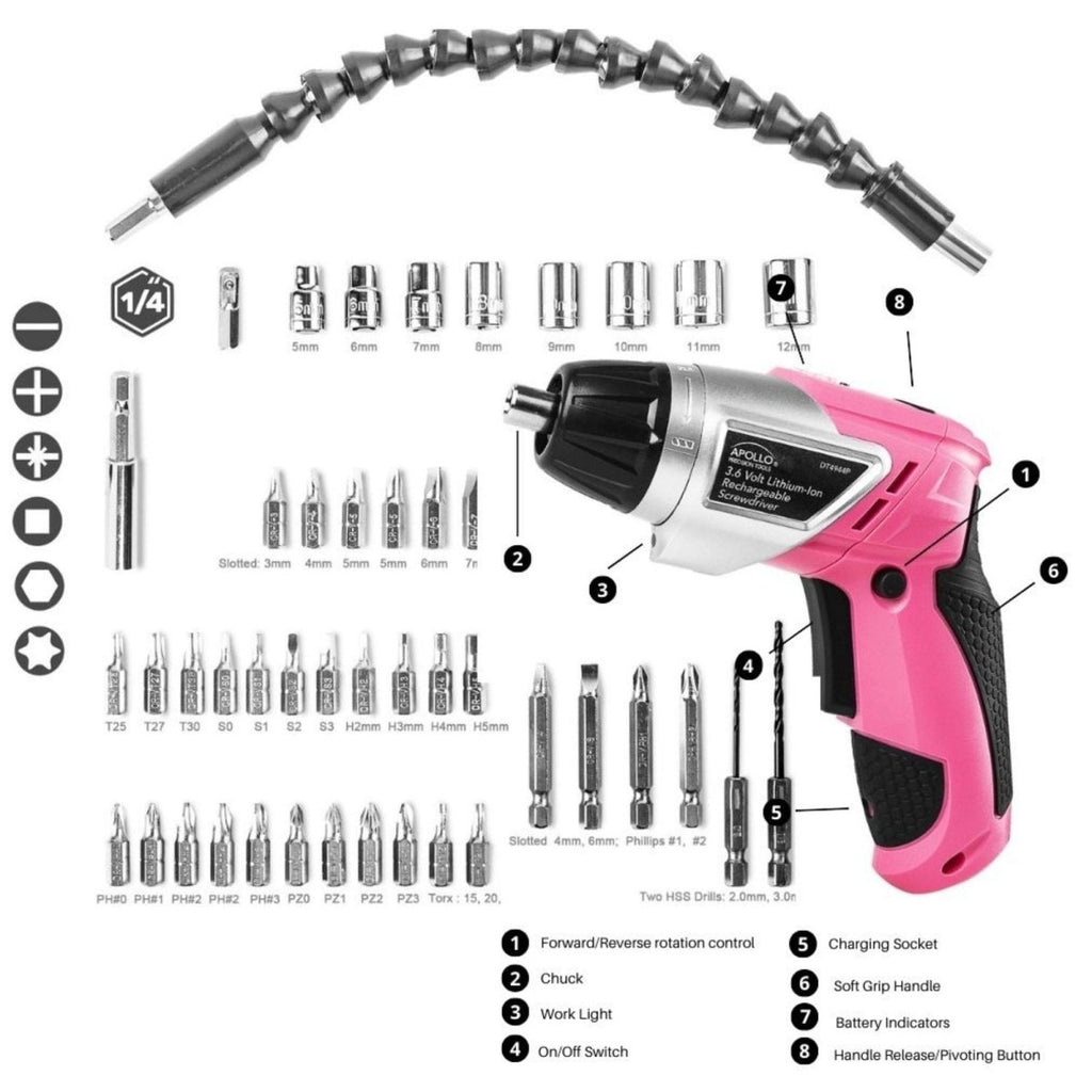 3.6 Volt Lithium - Ion Rechargeable Screwdriver with 45 Piece Accessory Set - Pink DT4944P - Veteran Powered