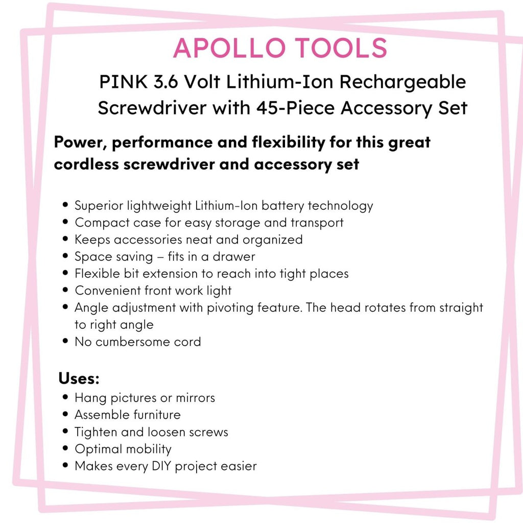 3.6 Volt Lithium - Ion Rechargeable Screwdriver with 45 Piece Accessory Set - Pink DT4944P - Veteran Powered