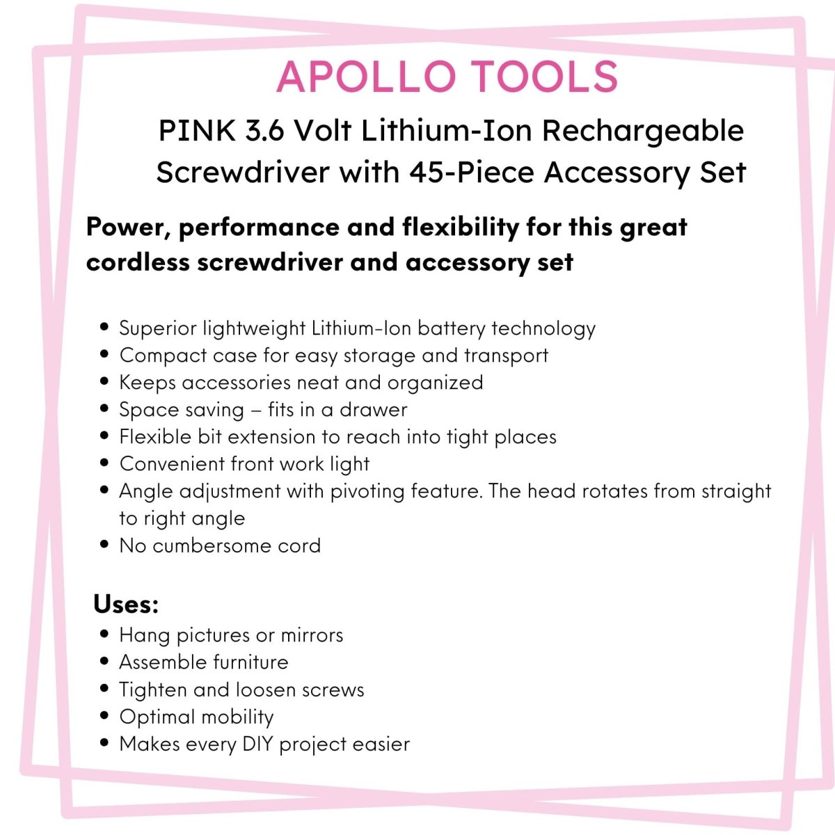 3.6 Volt Lithium - Ion Rechargeable Screwdriver with 45 Piece Accessory Set - Pink DT4944P - Veteran Powered