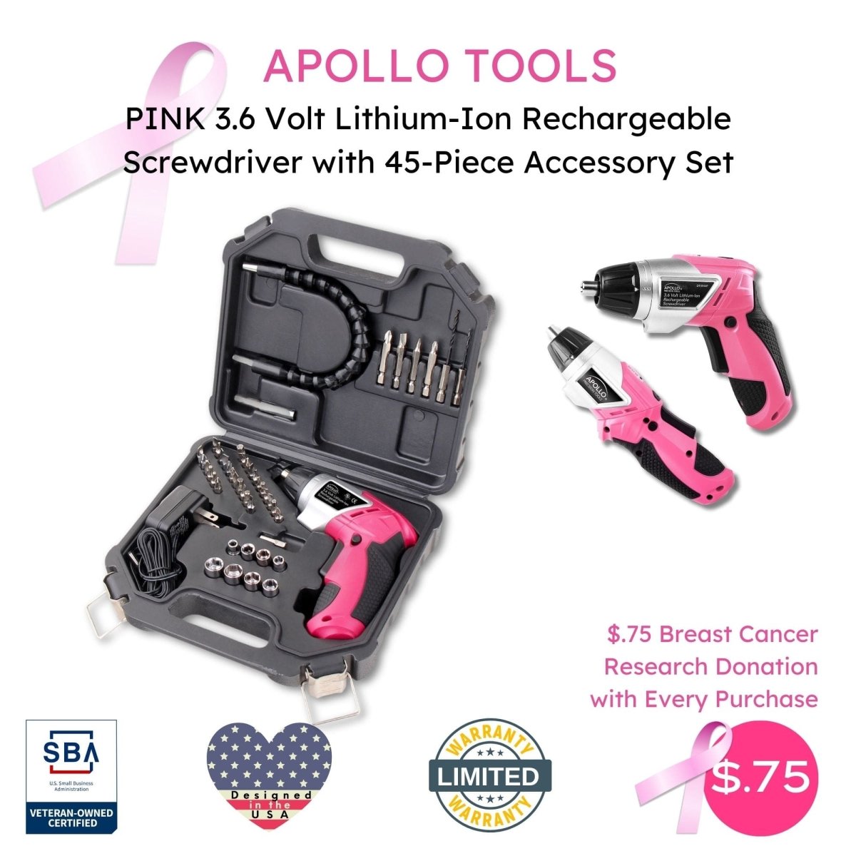 3.6 Volt Lithium - Ion Rechargeable Screwdriver with 45 Piece Accessory Set - Pink DT4944P - Veteran Powered