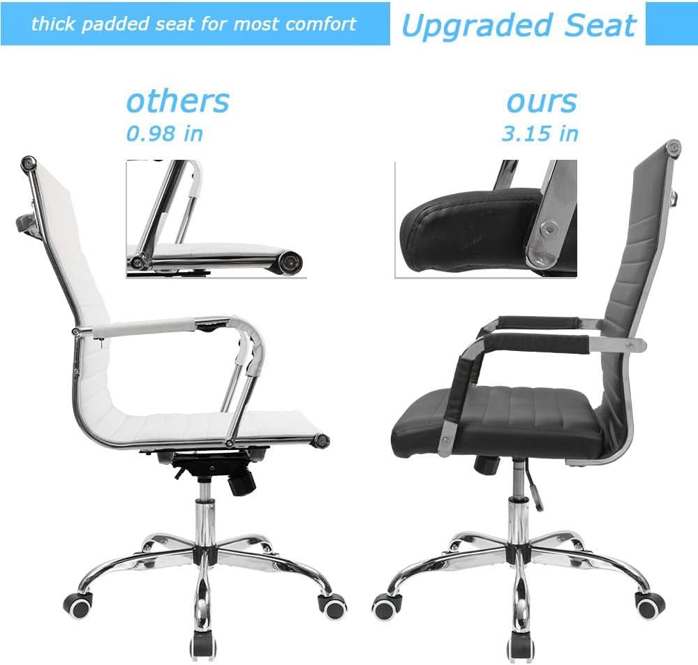 Ribbed Mid Back PU Leather Desk Chair Adjustable Black