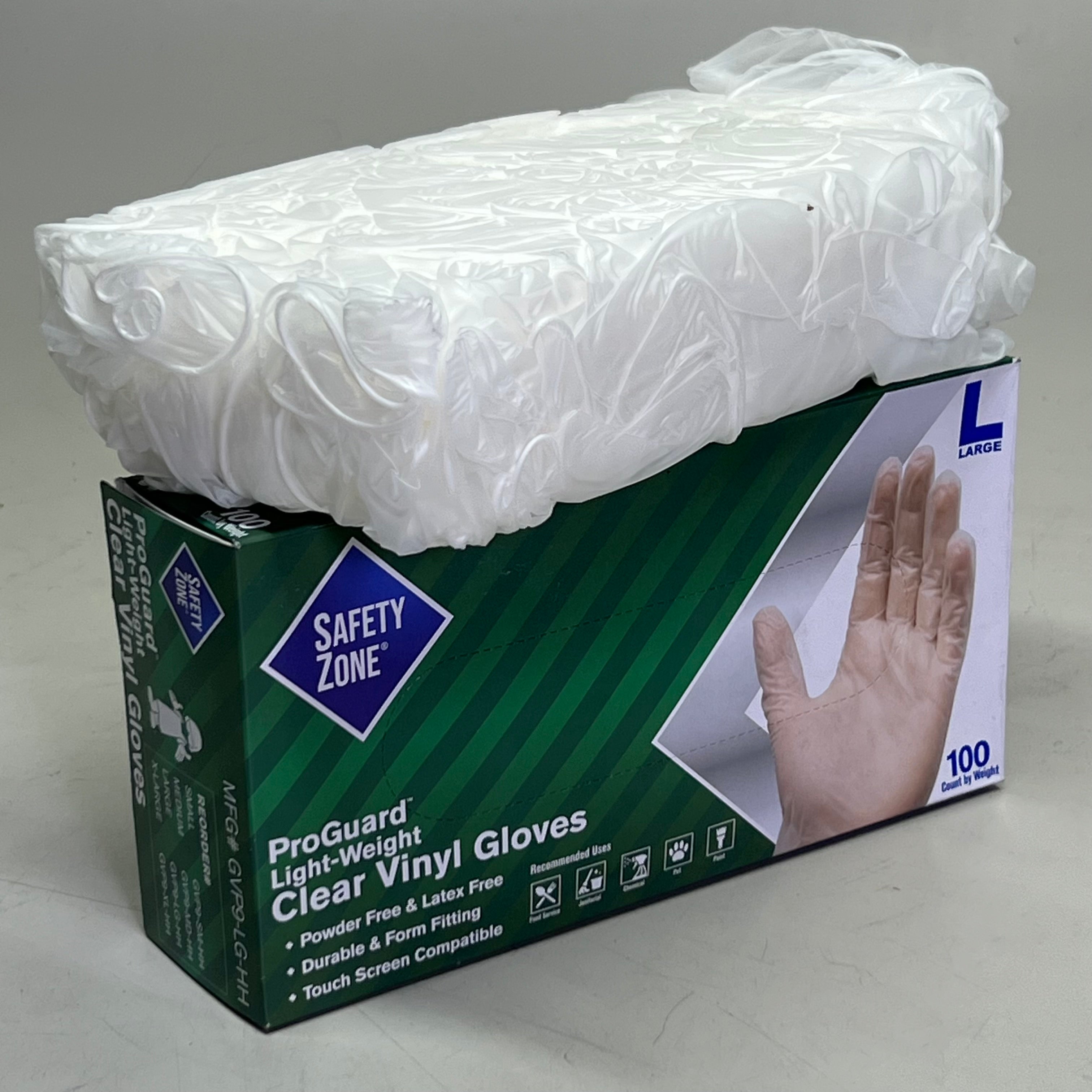 SAFETY ZONE (2 PACK of 100 Gloves) Clear Vinyl Gloves Sz L, GVP9-LG-HH