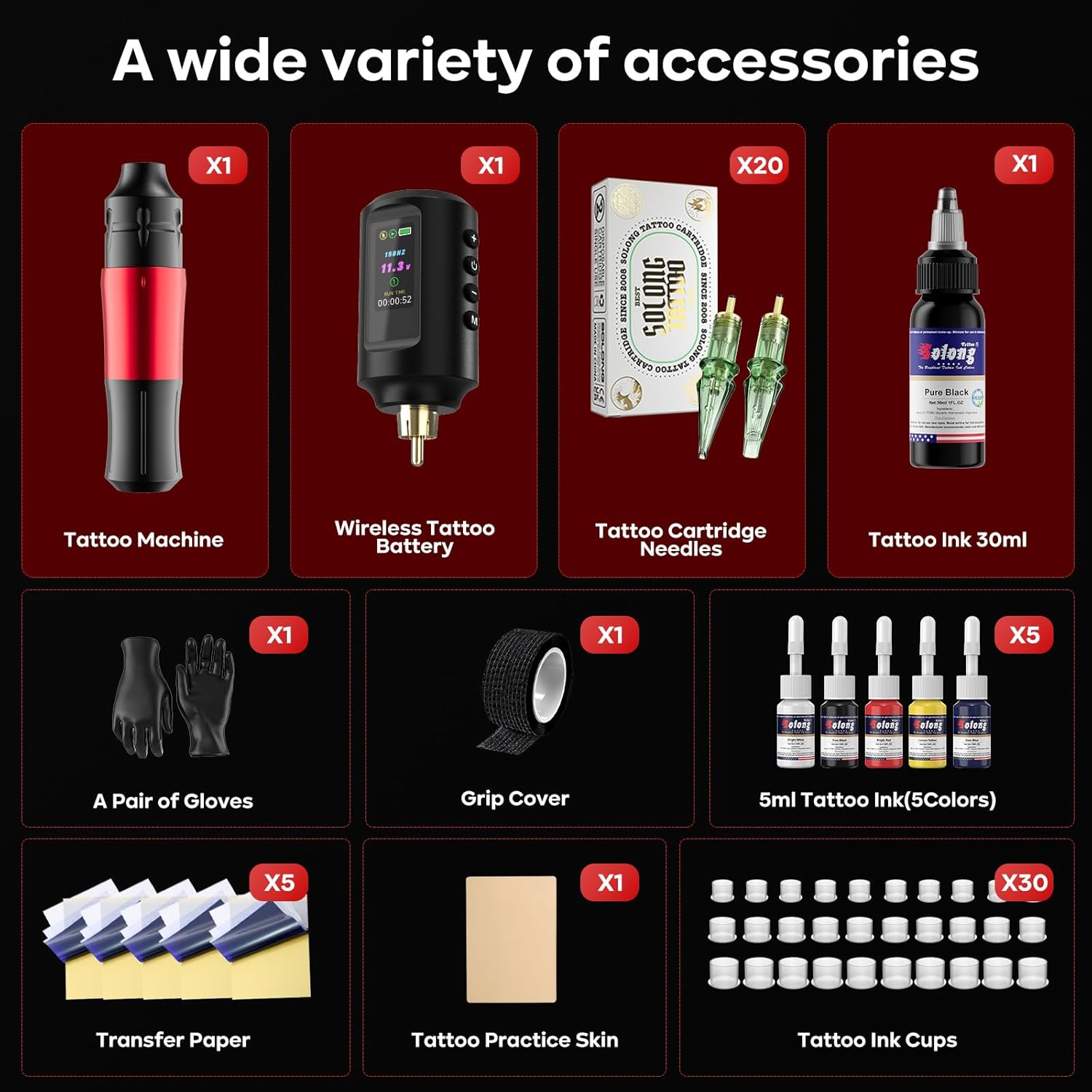 Cordless Tattoo Gun Kit, 1800mAh Rechargeable Battery & LED Display,Complete Tattoo Machine Supply for Beginners & Practice,SL-TKP202A-2