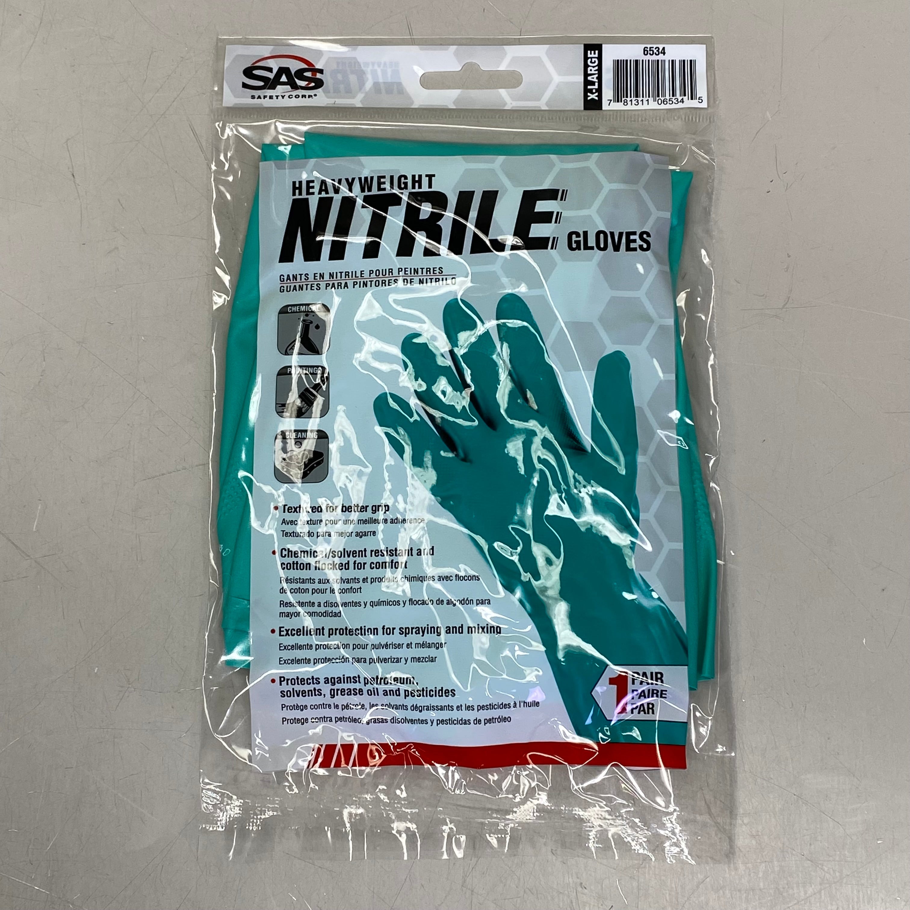 SAS SAFETY CORP (3 PACK) Heavy Weight Nitrile Gloves  XL Green 6534