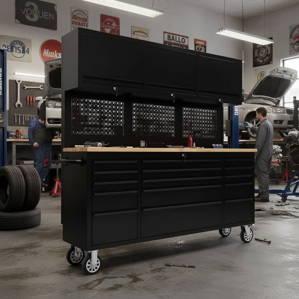 72 inch Rolling Tool Chest with Power Strip, Workbench, Upper Cabinets & Pegboard