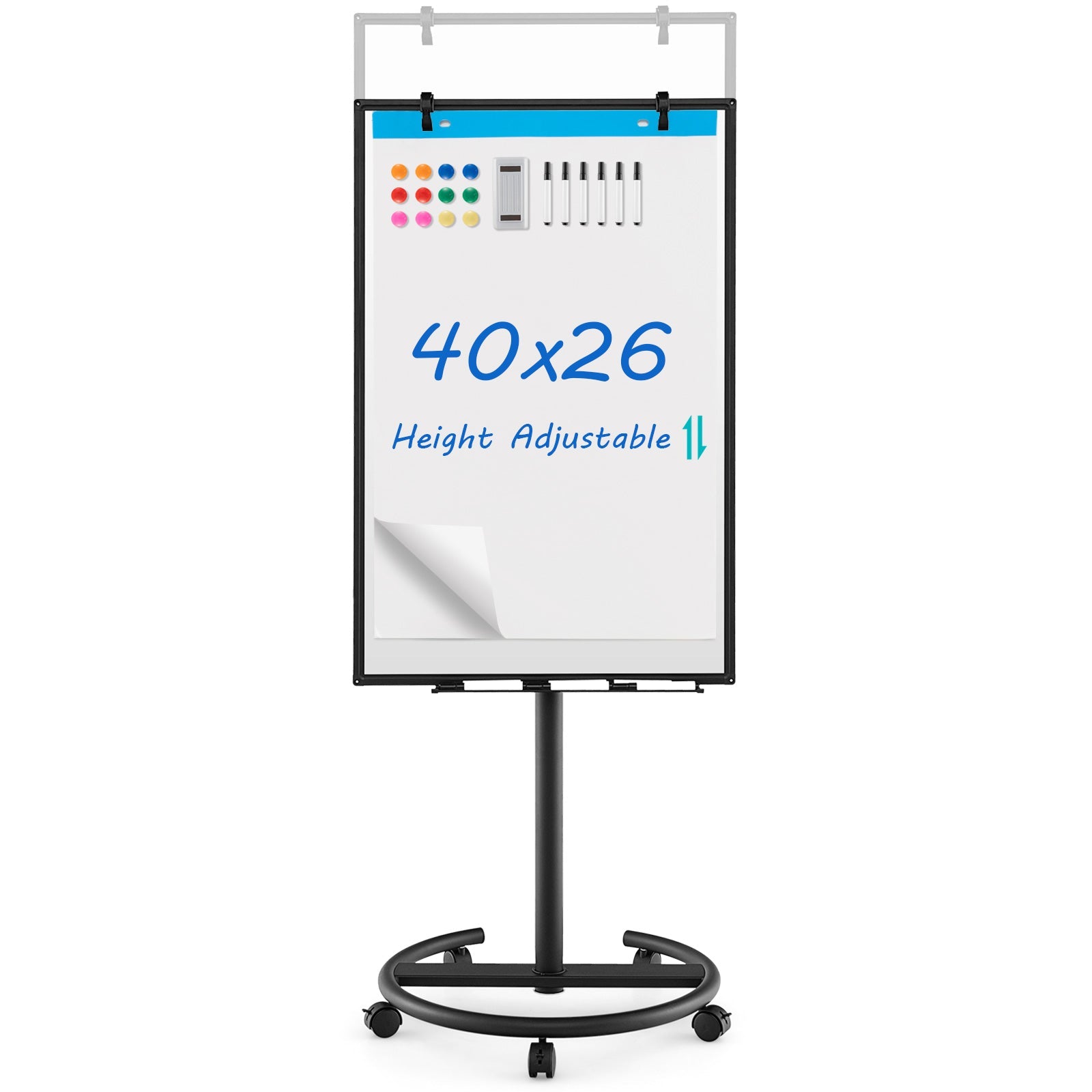 Height-Adjustable Mobile Whiteboard with Round Stand Paper Clips