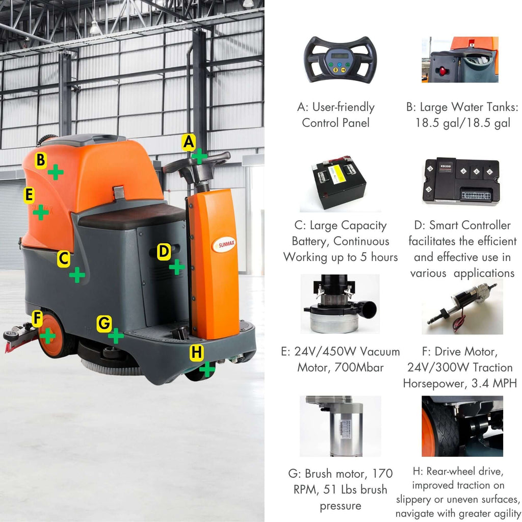 RT70+ Industrial Ride-On Floor Scrubber, 22" Brush Cleaning Path, Lithium Battery