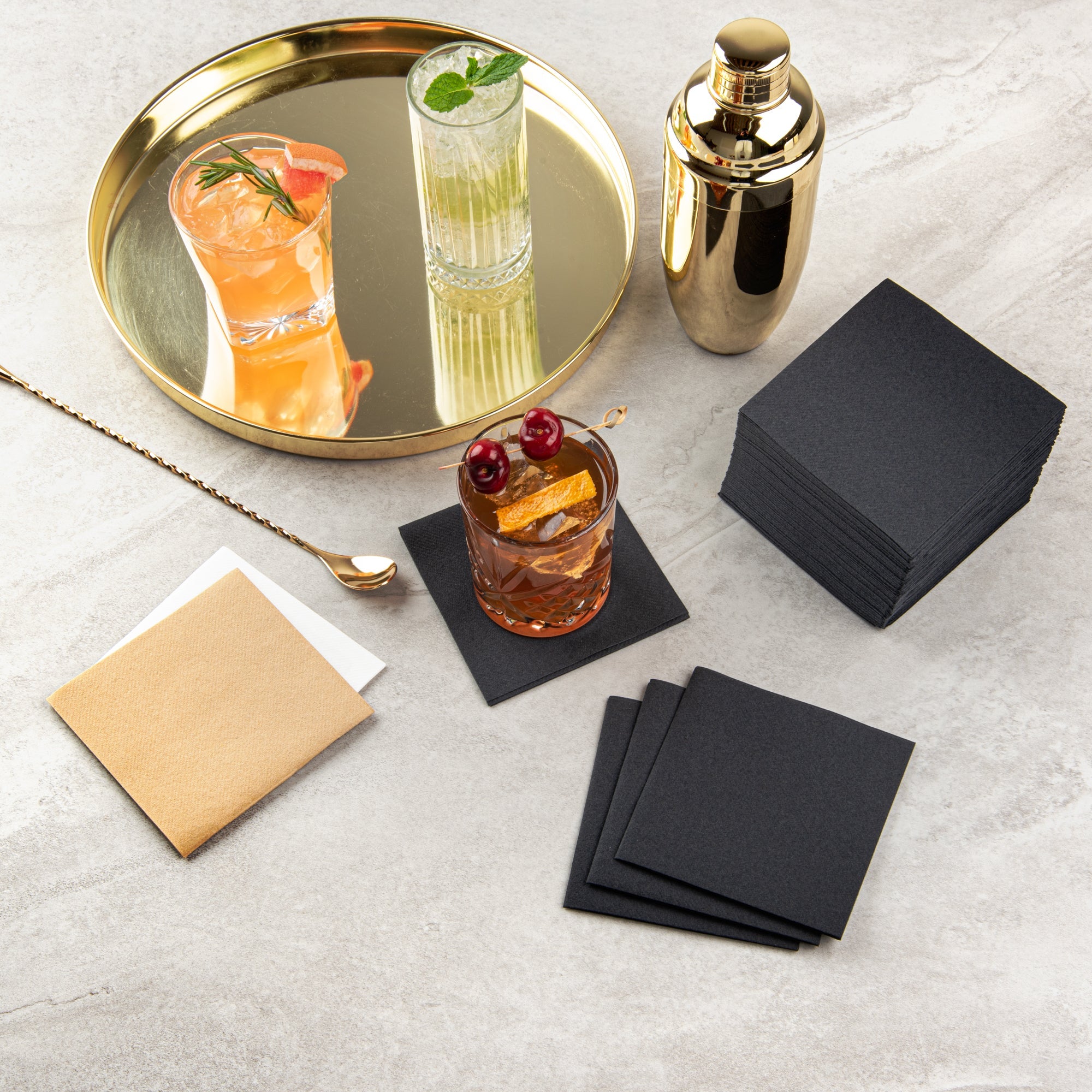 Luxenap Square Black Paper Linen-Feel Cocktail Napkin - Air Laid - 9 1/2" x 9 1/2" - 1600 count box