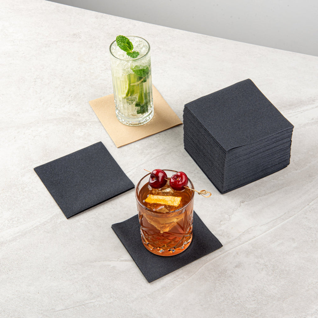 Luxenap Square Black Paper Linen-Feel Cocktail Napkin - Air Laid - 9 1/2" x 9 1/2" - 1600 count box