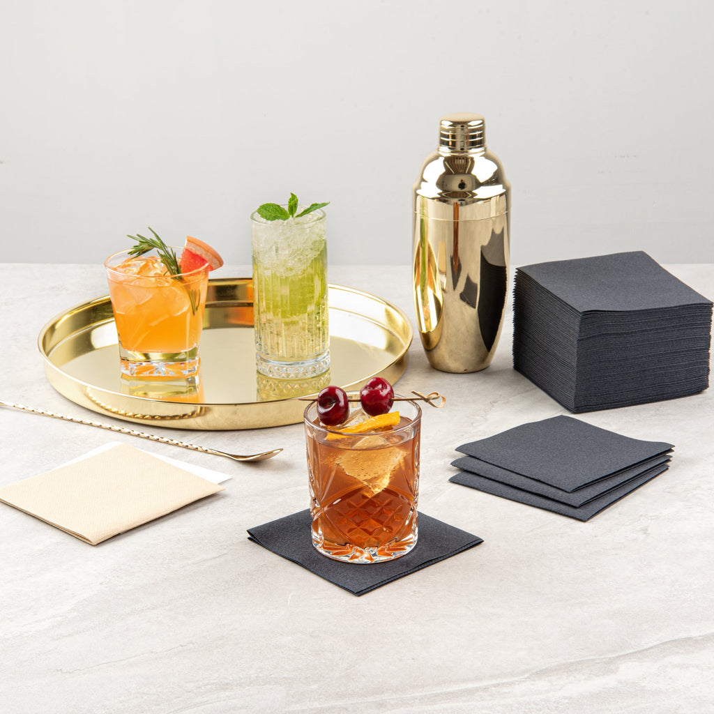 Luxenap Square Black Paper Linen-Feel Cocktail Napkin - Air Laid - 9 1/2" x 9 1/2" - 1600 count box