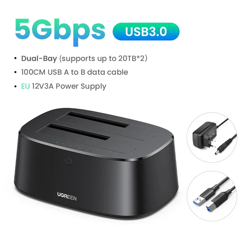 Dual-Bay SATA to USB 3.0 HDD Docking Station for 2.5"/3.5" SSD HDD Offline Clone Tool-Free