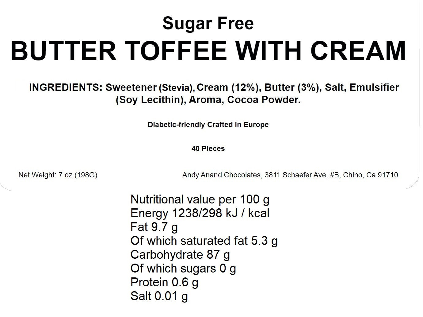 Andy Anand Sugar-Free European Butter Toffee Hard Candy, 40 pc, 7 oz – Stevia Sweetened, Keto & Diabetic-Friendly Gourmet Snack Gift Box