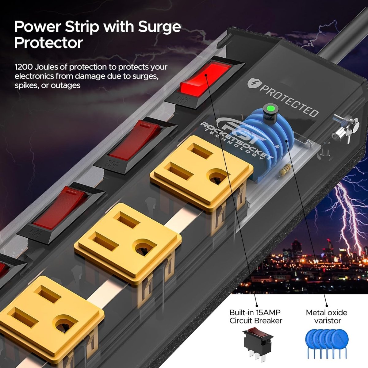 CRST 8 - Outlet Wide Metal Surge Protector Power Strip - Individual Switches, 1200J, Wall Mount, 6ft Cord - Veteran Powered