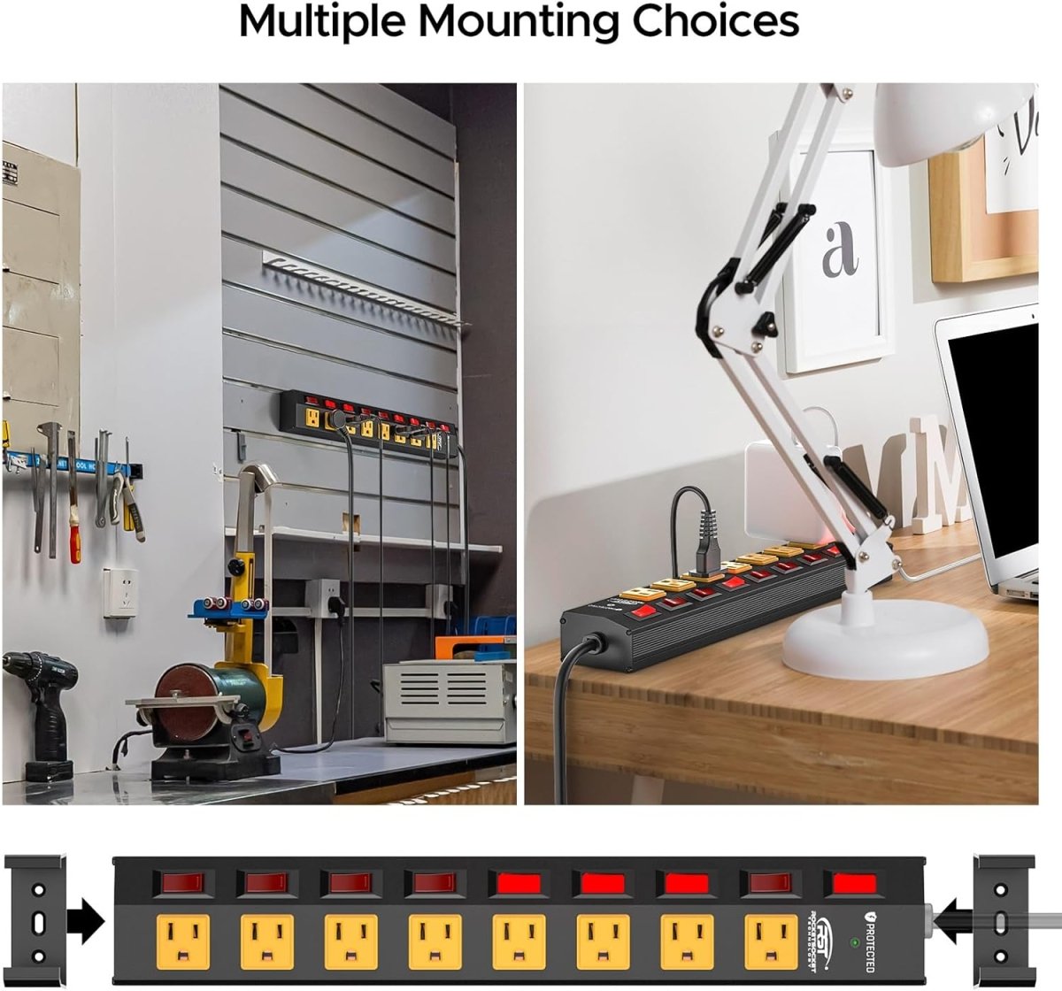 CRST 8 - Outlet Wide Metal Surge Protector Power Strip - Individual Switches, 1200J, Wall Mount, 6ft Cord - Veteran Powered