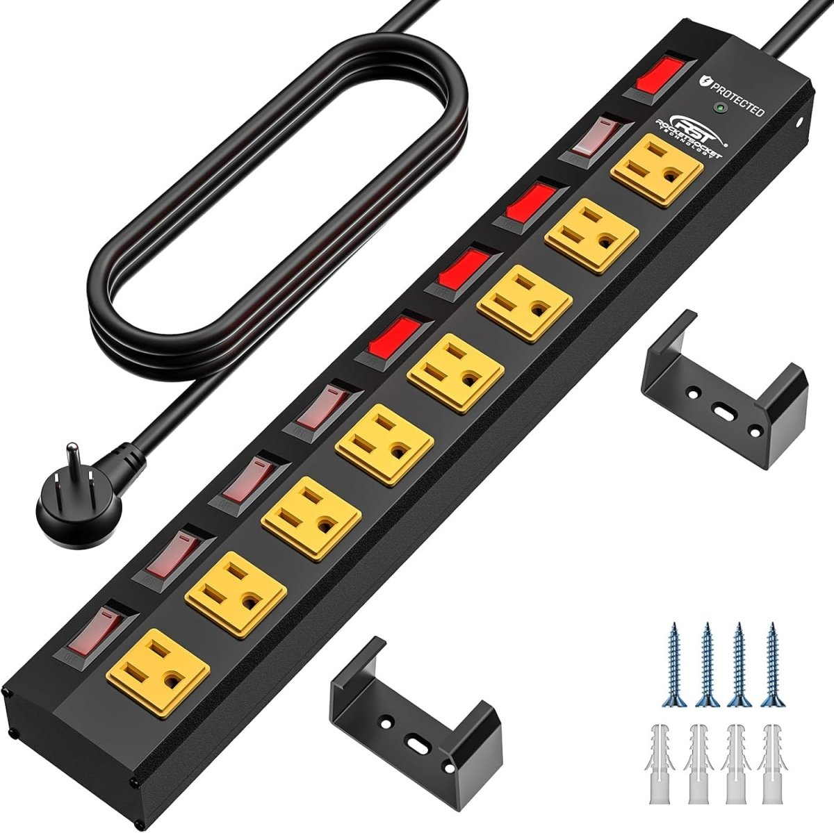 CRST 8 - Outlet Wide Metal Surge Protector Power Strip - Individual Switches, 1200J, Wall Mount, 6ft Cord - Veteran Powered