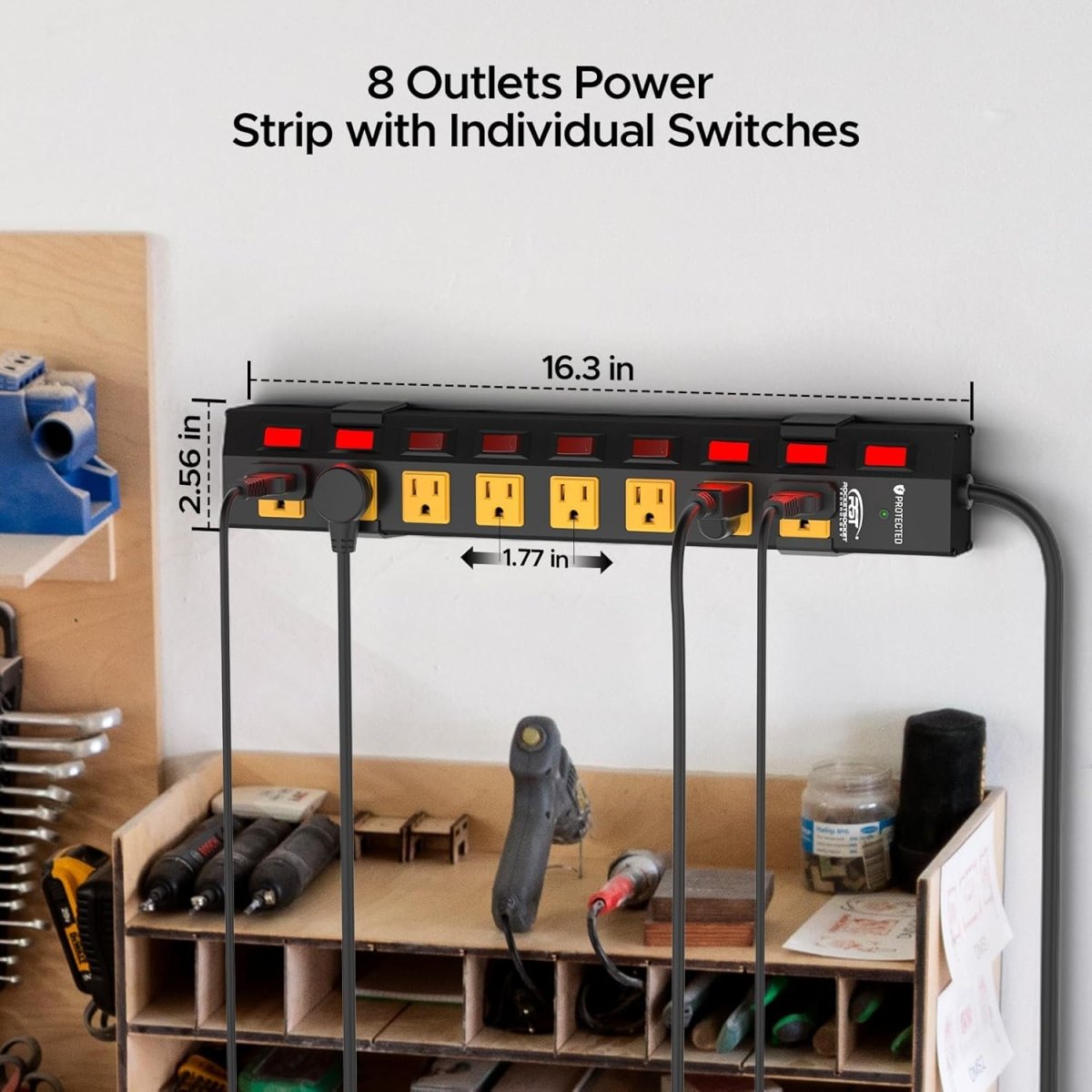 CRST 8 - Outlet Wide Metal Surge Protector Power Strip - Individual Switches, 1200J, Wall Mount, 6ft Cord - Veteran Powered