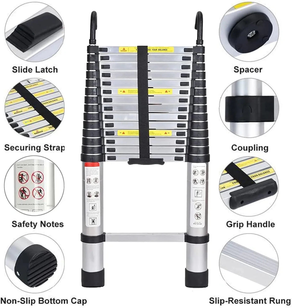 DayPlus 5M Telescopic Ladder with hooks,16.5FT Multi - Purpose Folding Aluminium Foldable Ladder Extension Loft Ladder,330lb EN131 - Veteran Powered