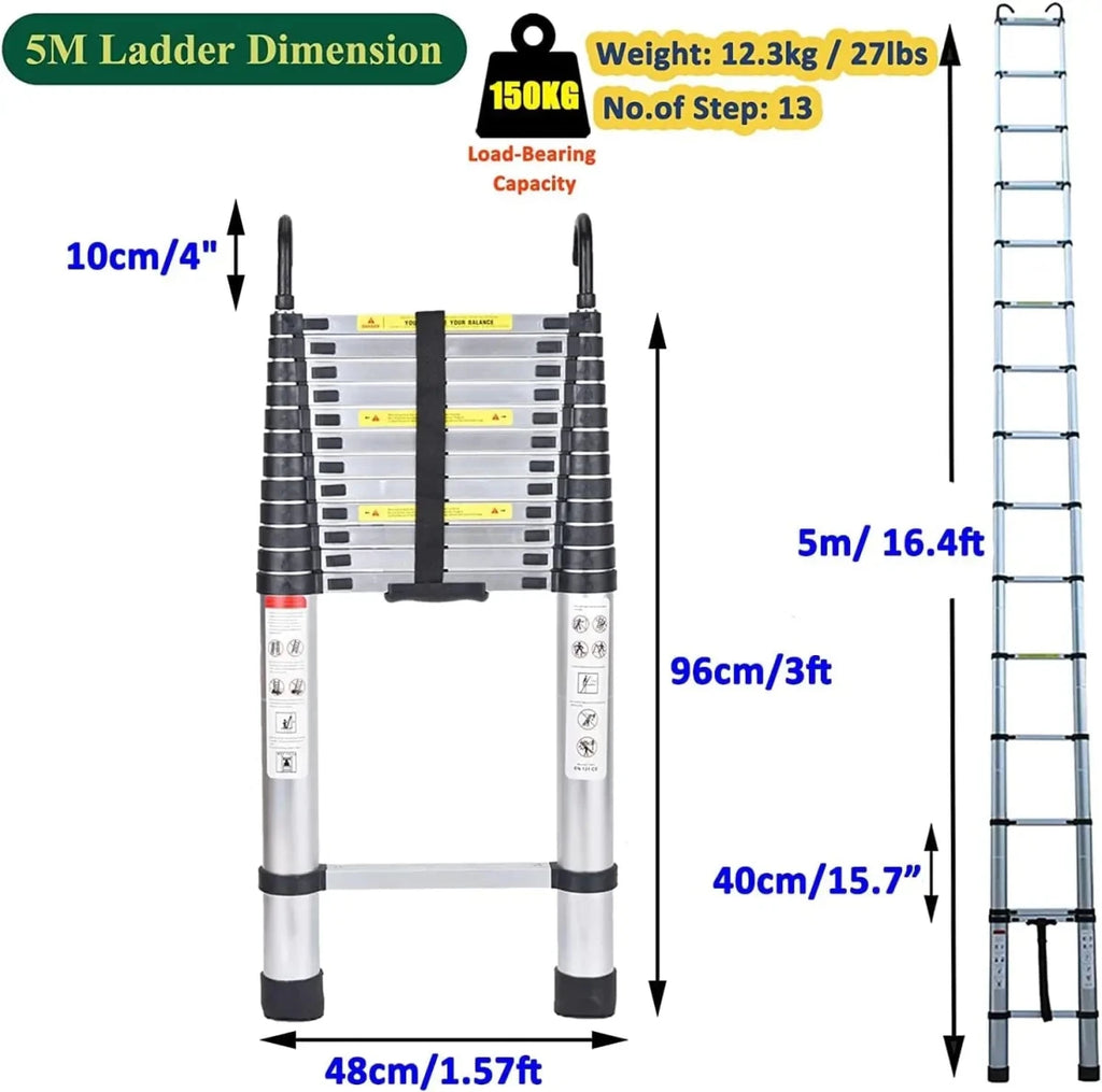 DayPlus 5M Telescopic Ladder with hooks,16.5FT Multi - Purpose Folding Aluminium Foldable Ladder Extension Loft Ladder,330lb EN131 - Veteran Powered