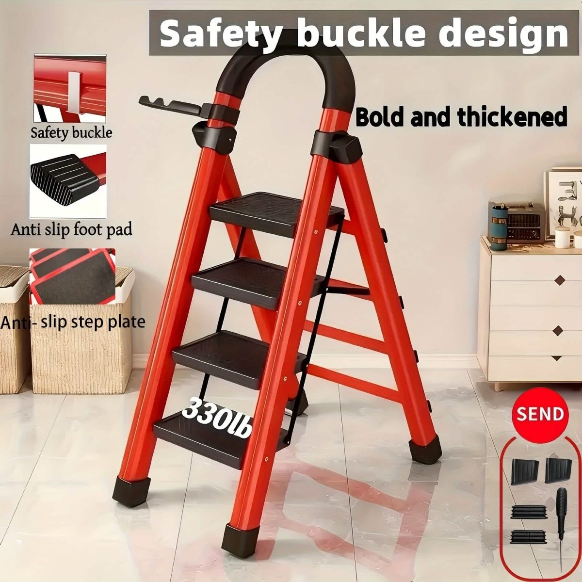 Folding 3/4 - Step Ladder – Portable Steel Step Stool, Anti - Slip - Veteran Powered