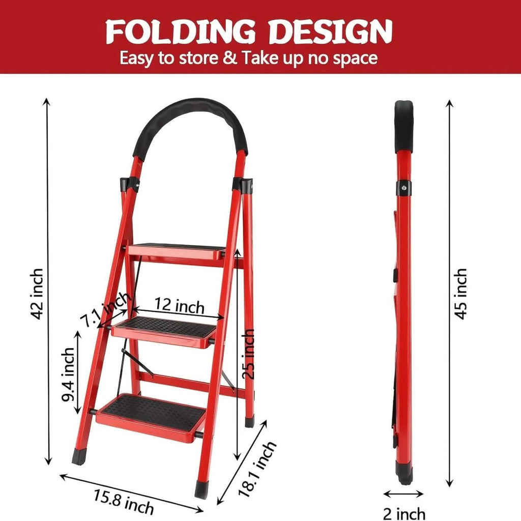 Folding 3/4 - Step Ladder – Portable Steel Step Stool, Anti - Slip - Veteran Powered