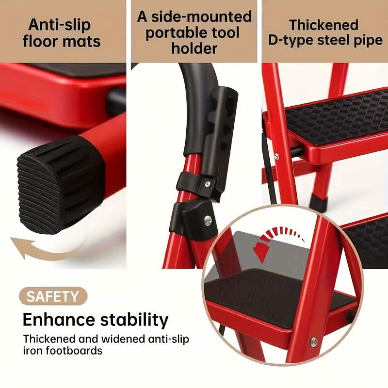 Folding 3/4 - Step Ladder – Portable Steel Step Stool, Anti - Slip - Veteran Powered