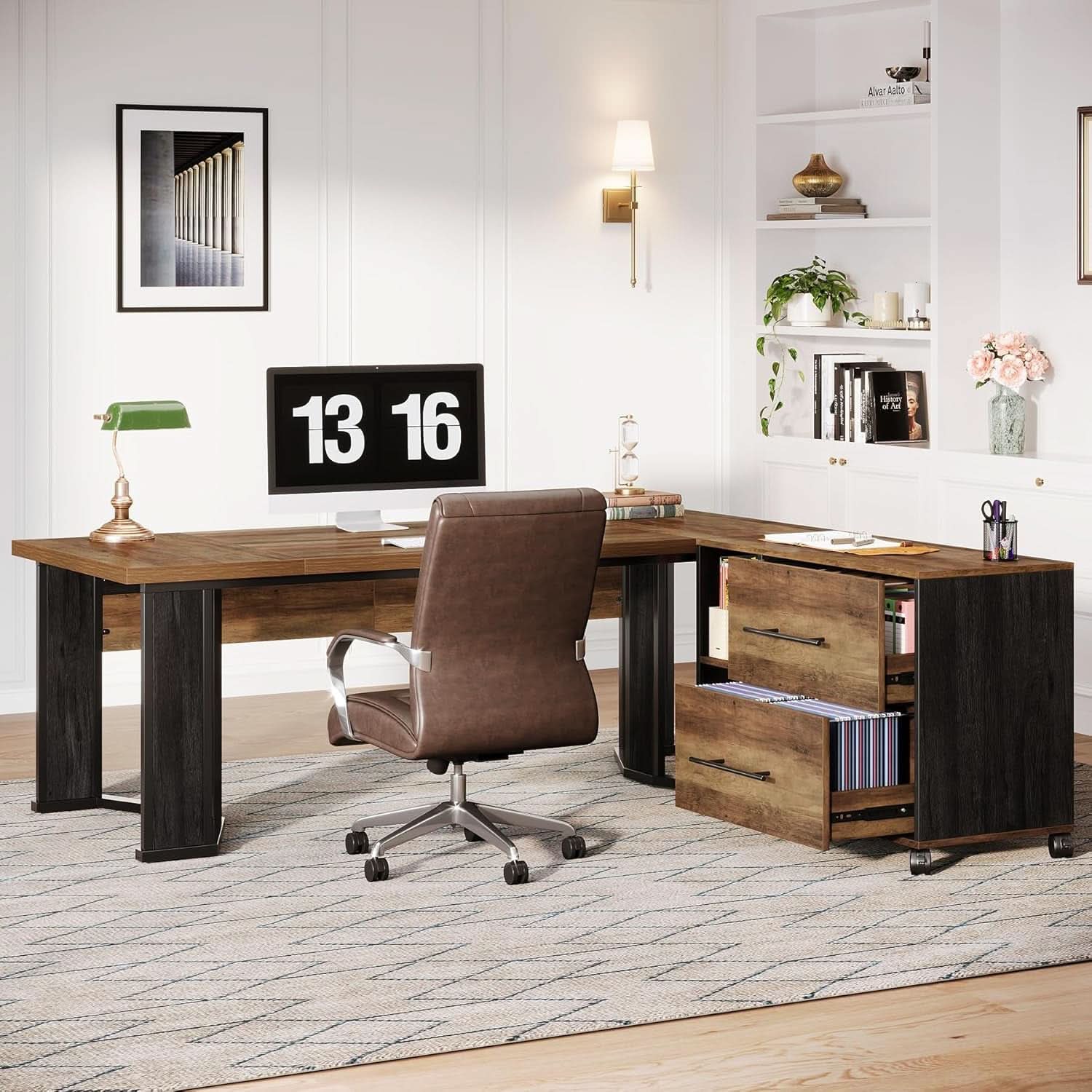 Large L Shaped Executive Desk with Mobile File Cabinet