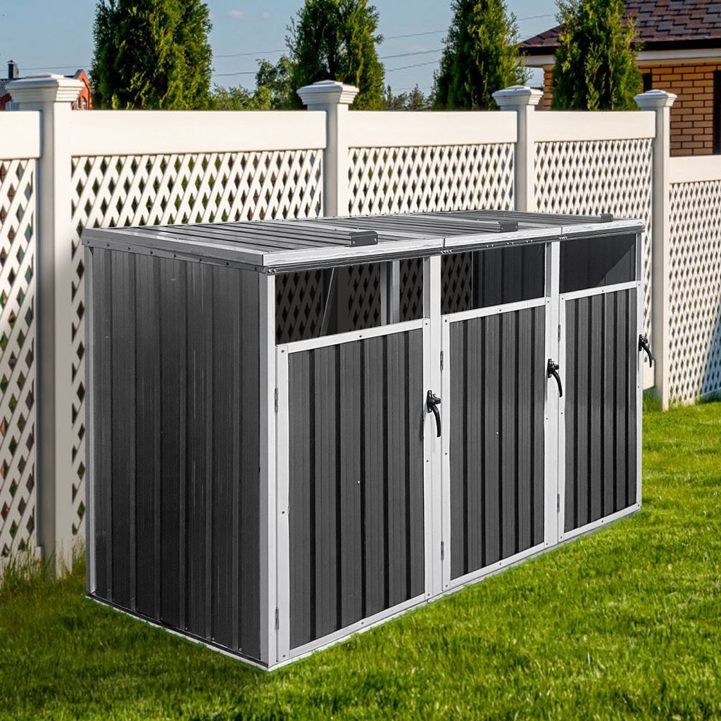 Storage Outdoor Grey Metal 3 Bin Trash Can Shed - Veteran Powered
