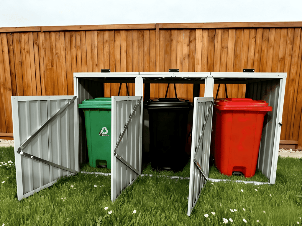 Storage Outdoor Grey Metal 3 Bin Trash Can Shed - Veteran Powered