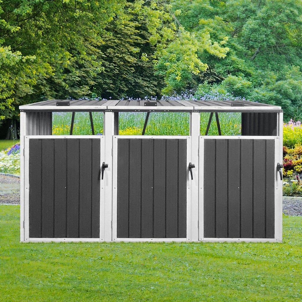 Storage Outdoor Grey Metal 3 Bin Trash Can Shed - Veteran Powered