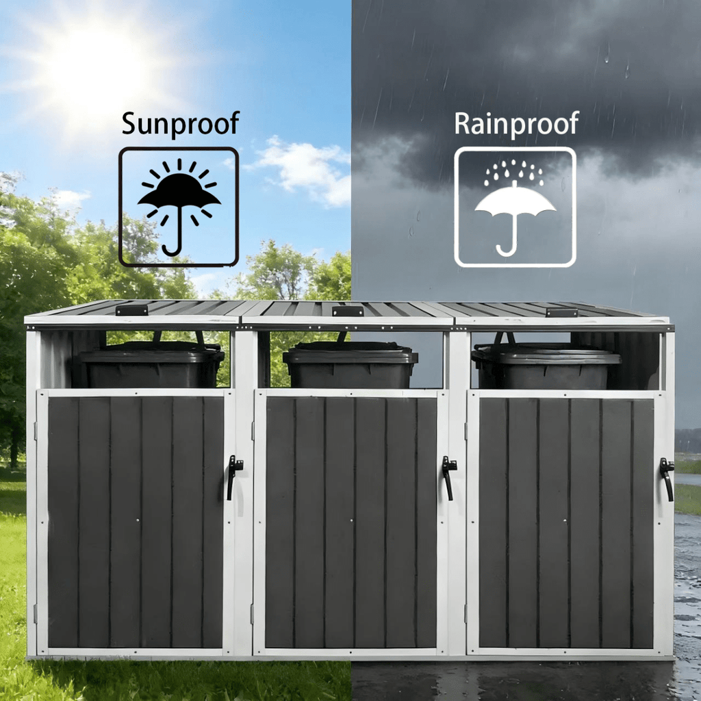 Storage Outdoor Grey Metal 3 Bin Trash Can Shed - Veteran Powered
