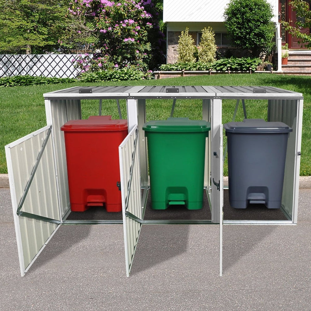 Storage Outdoor Grey Metal 3 Bin Trash Can Shed - Veteran Powered