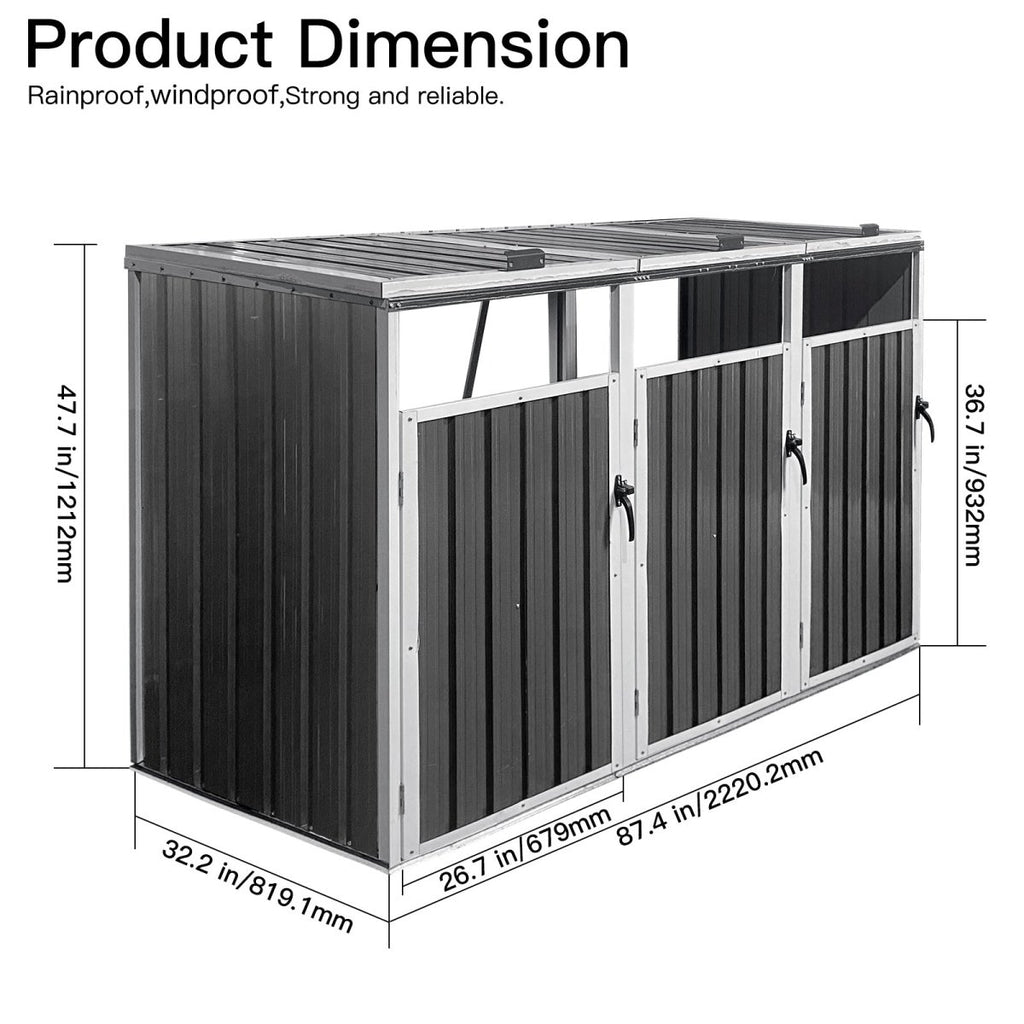 Storage Outdoor Grey Metal 3 Bin Trash Can Shed - Veteran Powered