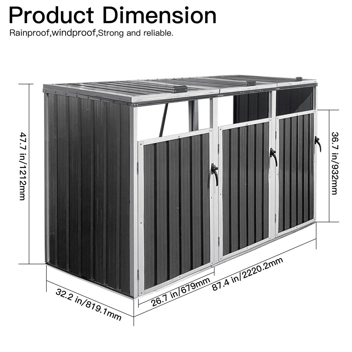 Storage Outdoor Grey Metal 3 Bin Trash Can Shed - Veteran Powered