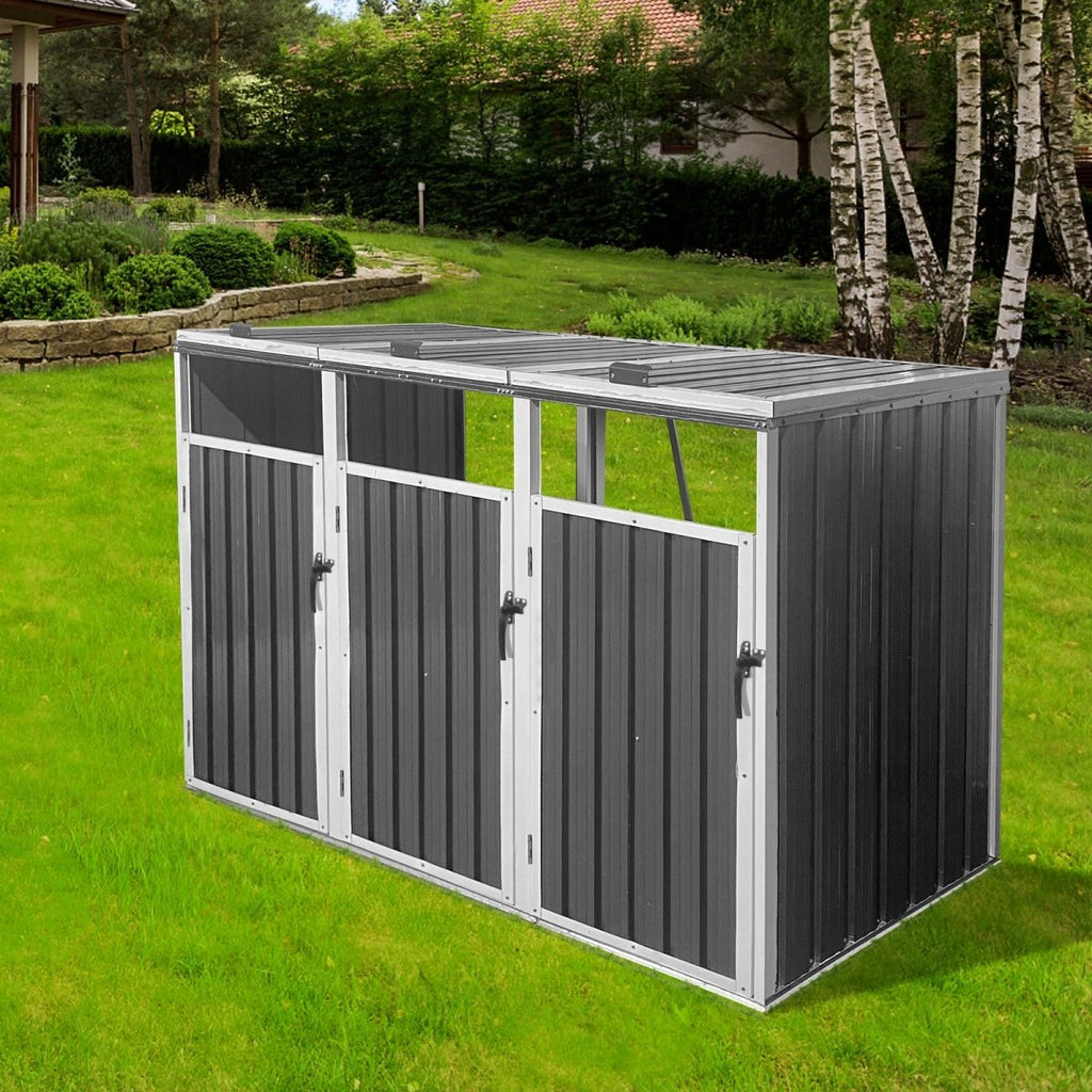 Storage Outdoor Grey Metal 3 Bin Trash Can Shed - Veteran Powered